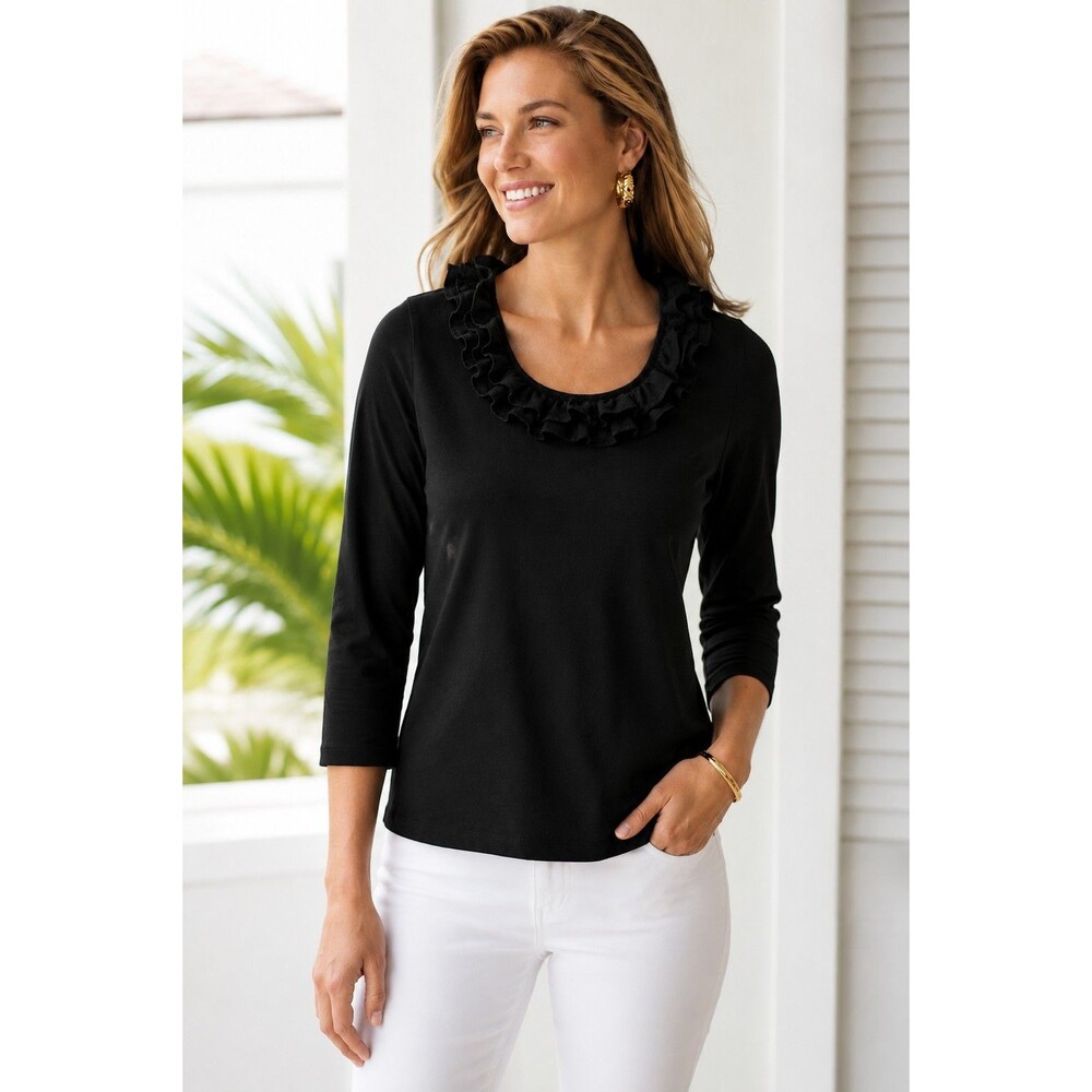 J. McLaughlin Durham Ruffle Top Women’s M Black Catalina Cloth 3/4 Sleeve